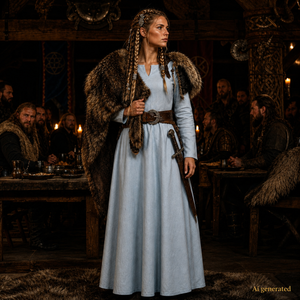 Thora Handmade Linen Medieval Dress, Ice Blue