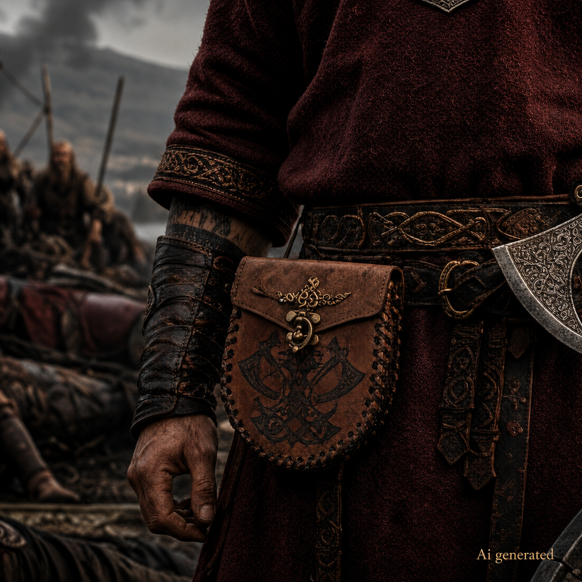 Viking Belt Bag, War Axes, Brown