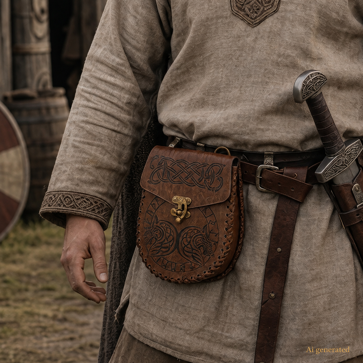 Viking Belt Bag, Wolf Tribal, Brown