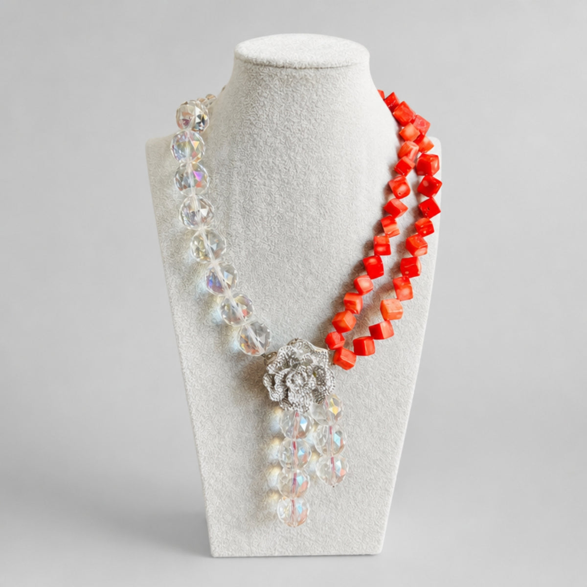 Handcrafted Floral Cubic Coral Stone Necklace, Red