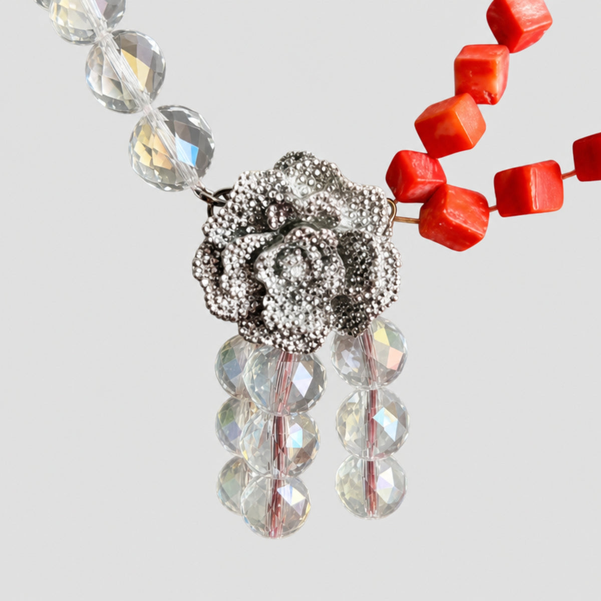 Handcrafted Floral Cubic Coral Stone Necklace, Red