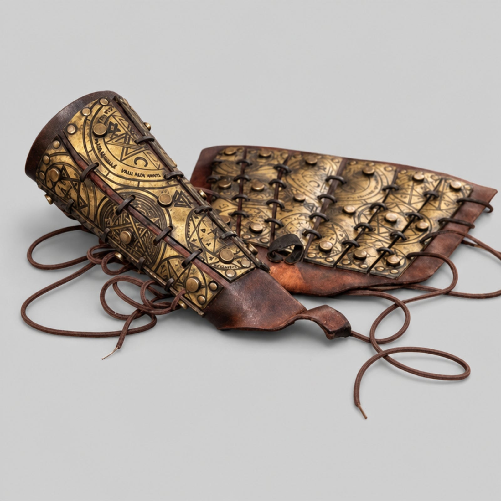 Wolfgang Demon Handcrafted Leather Hunter Bracers, Gold/Brown